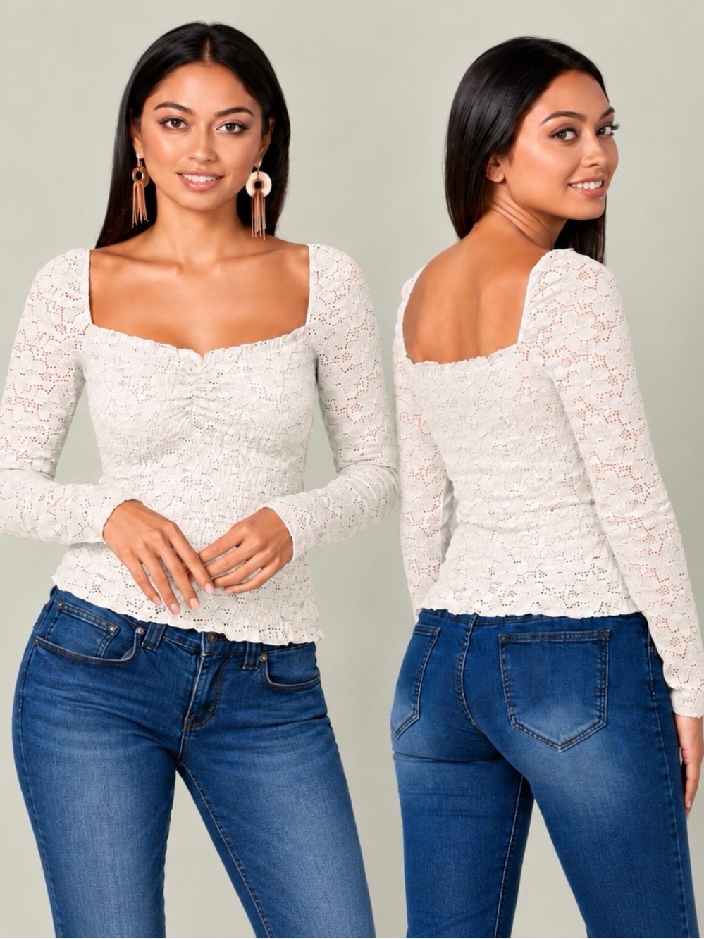🕯️✨ VENUS Romantic Cream Lace Smocked Top with Ruched Sweetheart Neckline NWOTs